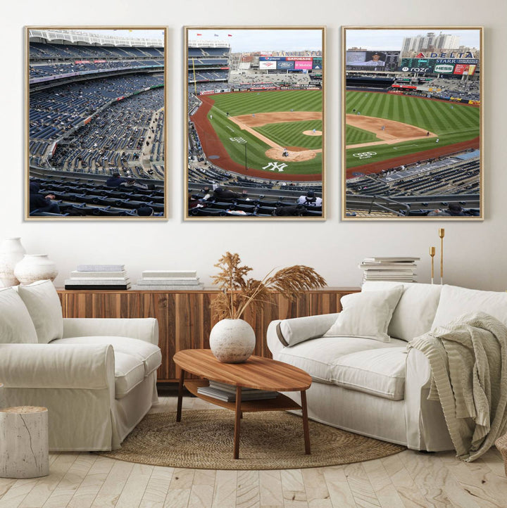 Aerial view of Yankee Stadium filled with fans, showcased on a New York Yankees Stadium Wall Art Canvas Print.