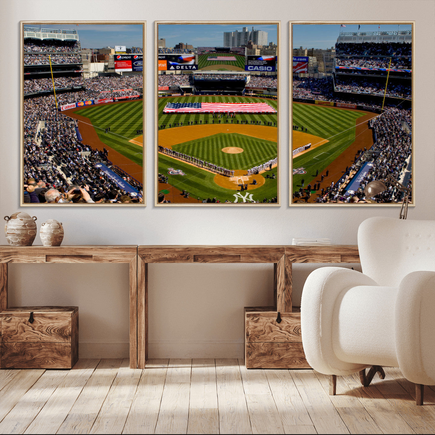 MGV-FC-60X30-3P - Yankee Stadium New York Wall Art Print | 3-Panel Canvas Print of Yankees Baseball Stadium | Large Framed Wall Decor for Baseball Fans | Ready-to-Hang