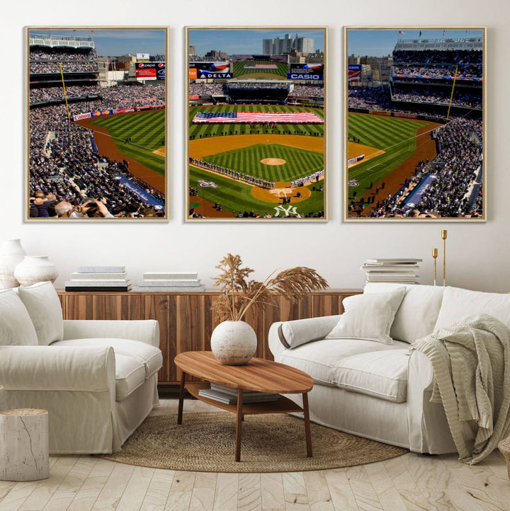 The Yankee Stadium New York wall art print features a vibrant scene of baseball fans with a large flag and players, expertly capturing the spirit of the game. This ready-to-hang décor is perfect for adding a dynamic touch to any space.