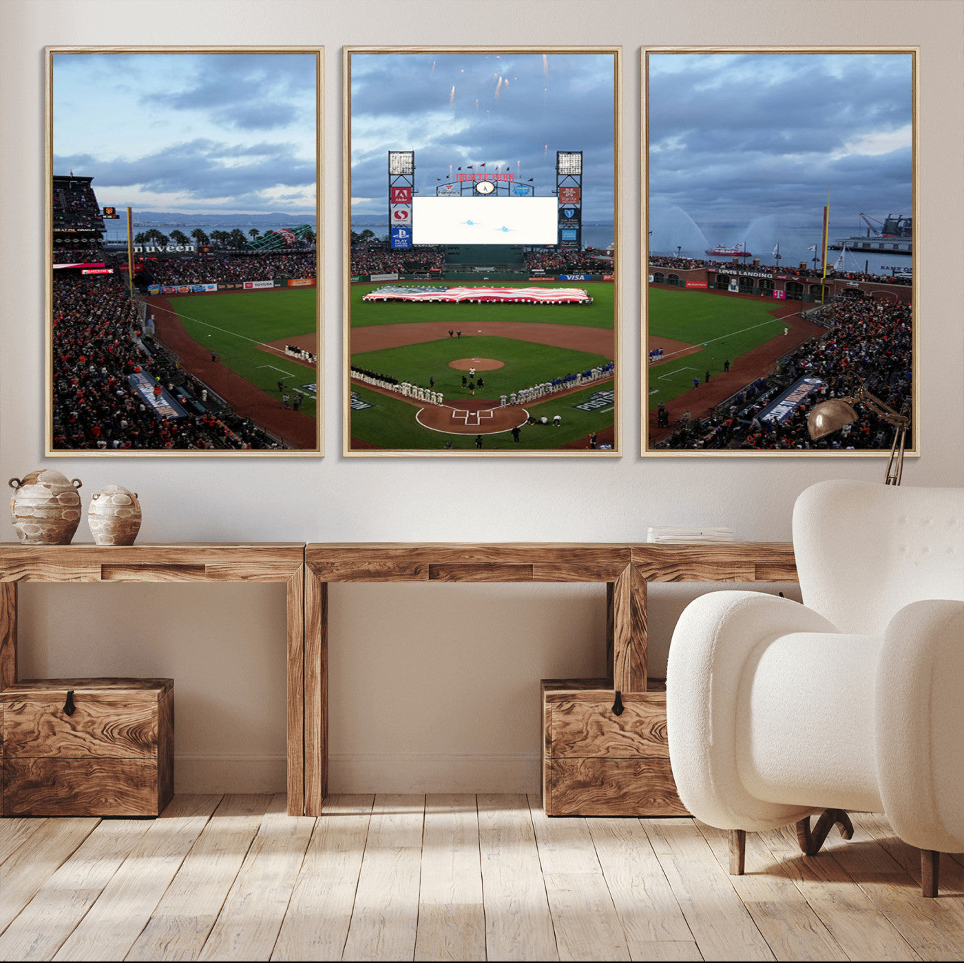 MGV-FC-60X30-3P - Oracle Park San Francisco Giants Wall Art | 3-Panel Canvas Print of Oracle Park Stadium | Large Framed Baseball Wall Decor | Ready-to-Hang MLB Canvas Print
