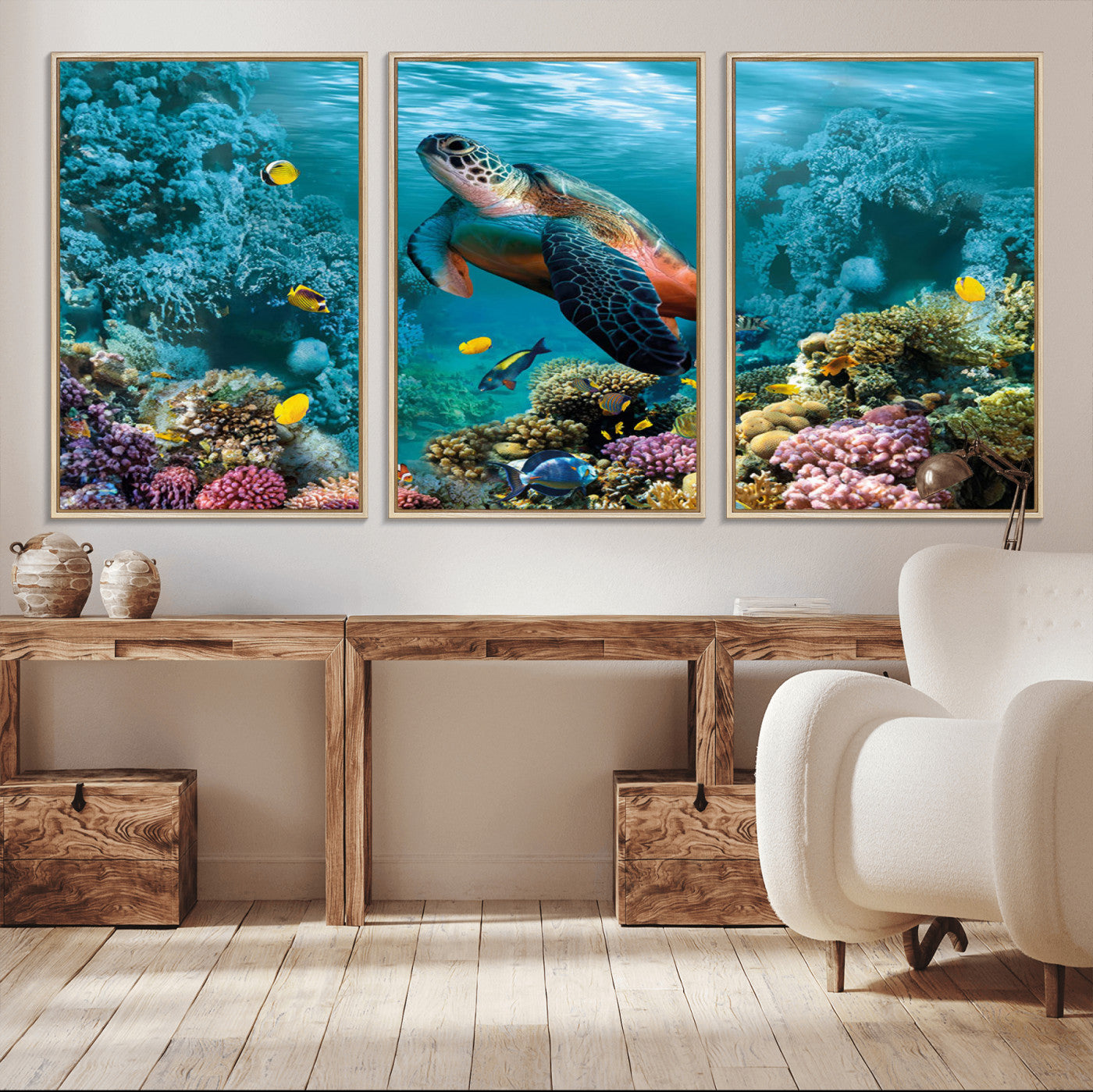 MGV-FC-60X30-3P - Sea Turtle and Coral Reef Triptych Wall Art – Vibrant Underwater Scene Canvas Set for Ocean Lovers and Coastal Decor – Ready to Hang 3-Panel Artwork