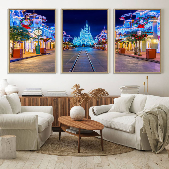 Disney wall art featuring a fantasy castle street at night.