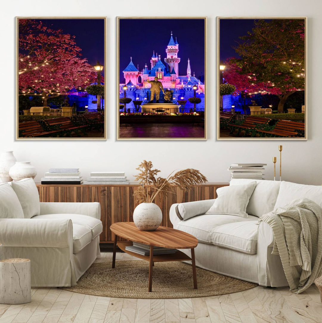 The Castle Large Wall Art is surrounded by illuminated trees at night.