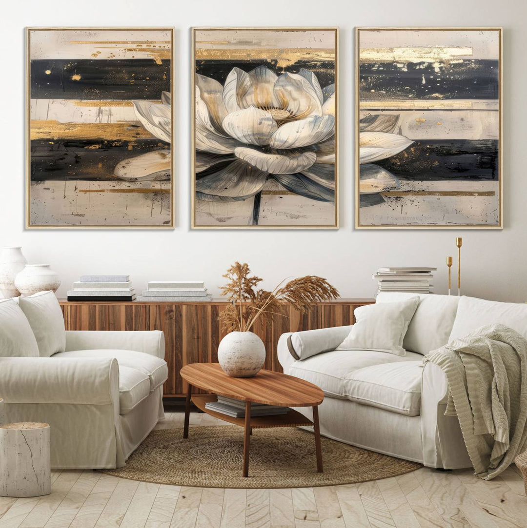 The wall is adorned with an Abstract Lotus Flower Wall Art Canvas Print.