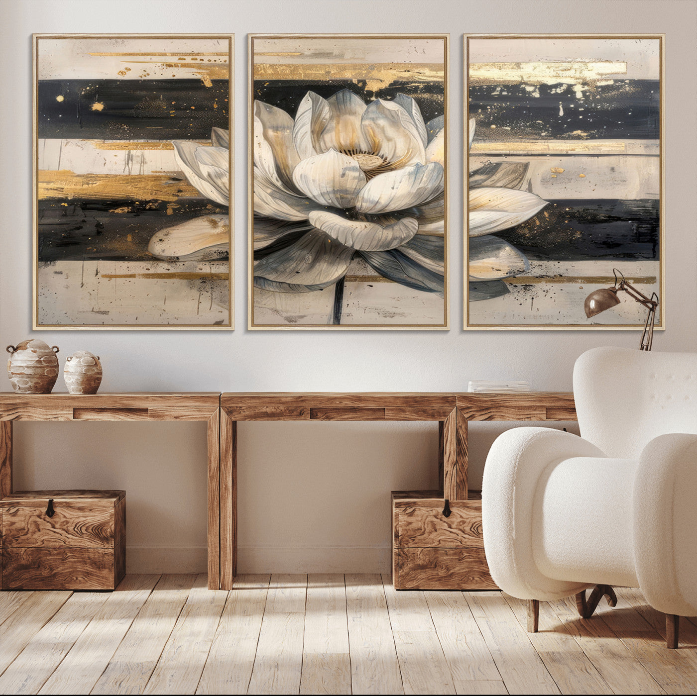 MGV-FC-60X30-3P - Lotus Flower Wall Art Canvas Print, Framed Abstract Lotus Art Picture Print, White Lotus Flower Perfect Abstract Floral Decor Artwork