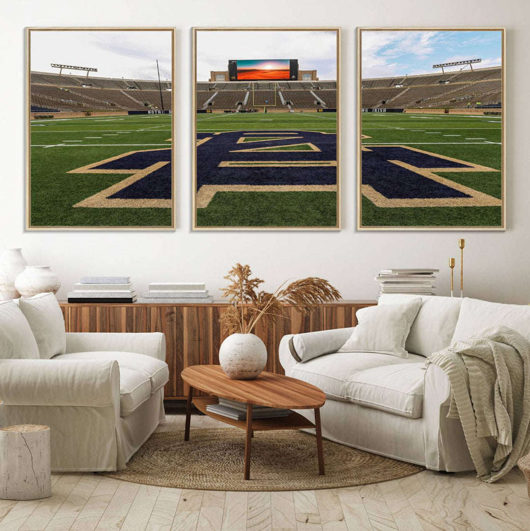 Notre Dame Stadium Triptych: This ready-to-hang giclee canvas print features a vibrant depiction of the football field adorned with an A logo and a stunning sunset.