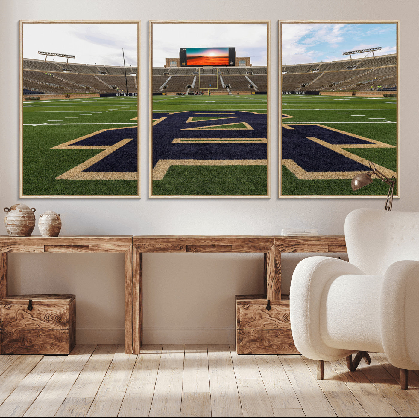 MGV-FC-60X30-3P - Notre Dame Stadium Giclee Canvas Print | Triptych Wall Art Featuring Iconic Notre Dame Football Field | Ready-to-Hang Sports Stadium Decor