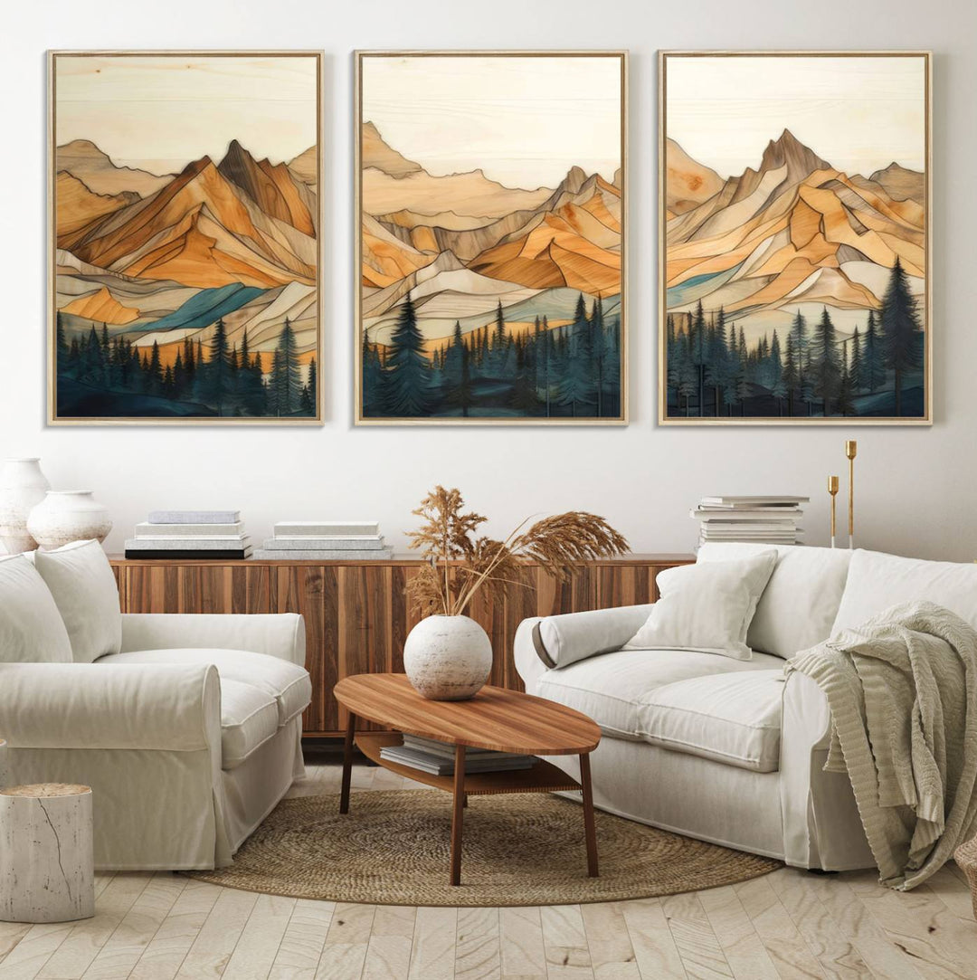 A triptych giclee print of mountains decorates the wall above the counter.