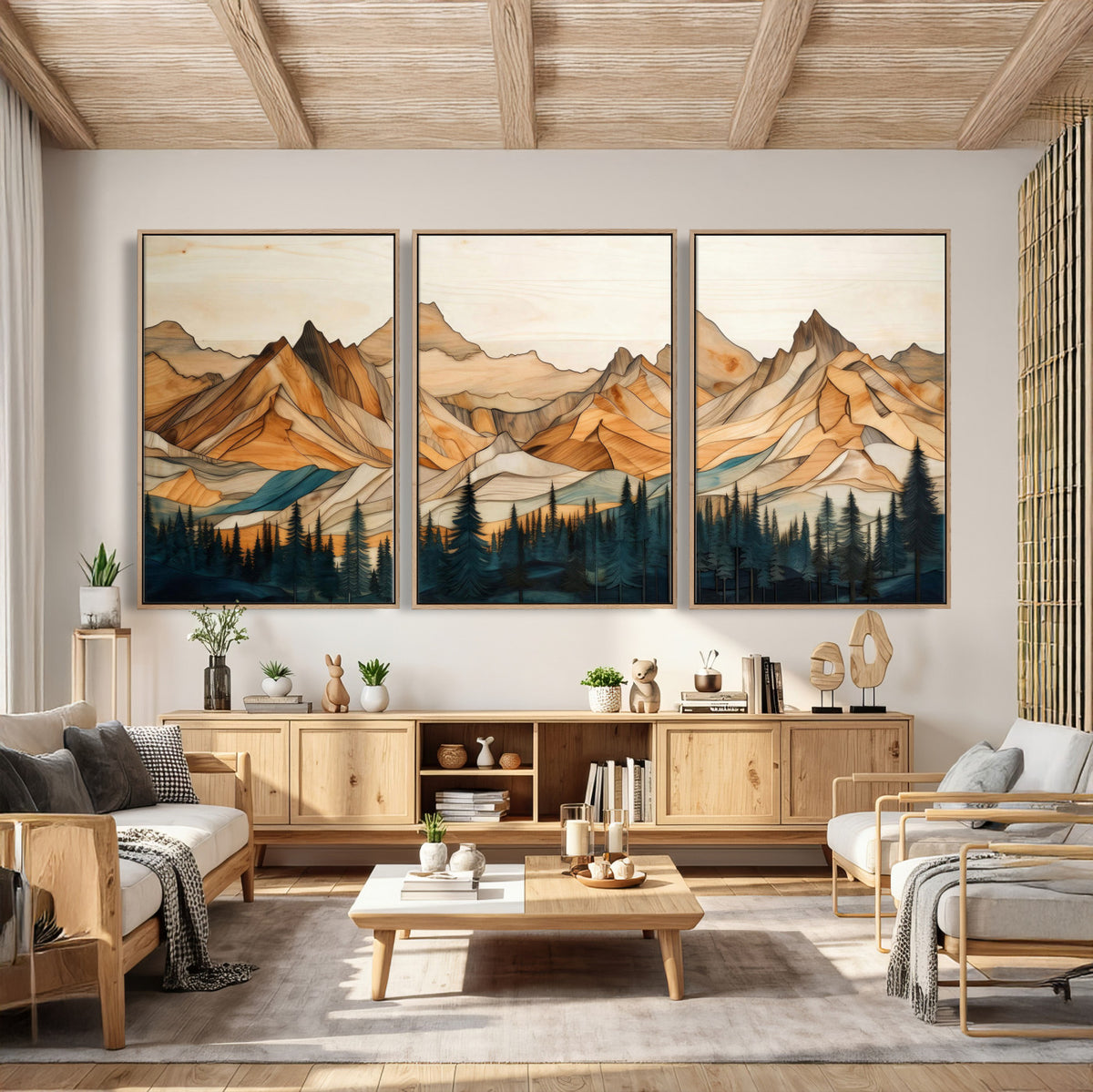31576-MGV-CV-36X24 - Geometric Wood Mountain Landscape Wall Art Canvas Print, Rustic Forest Painting Print