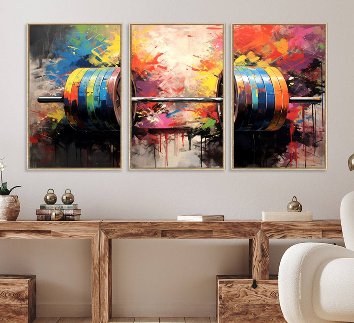 The Weightlifting Barbell Art Triptych hangs prominently on the wall.