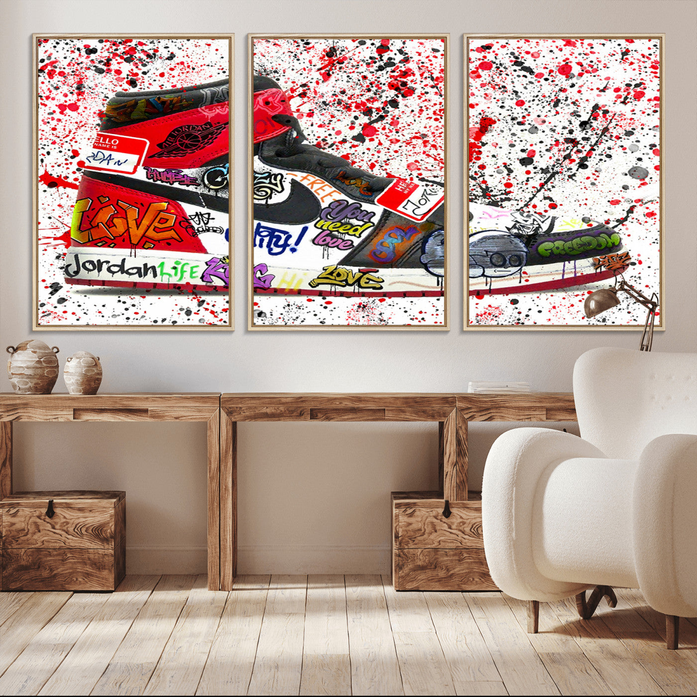 MGV-FC-60X30-3P - Jordan Shoes Graffiti Wall Art Canvas Print- Jordan Graffiti Canvas Wall Art - Framed Perfect for