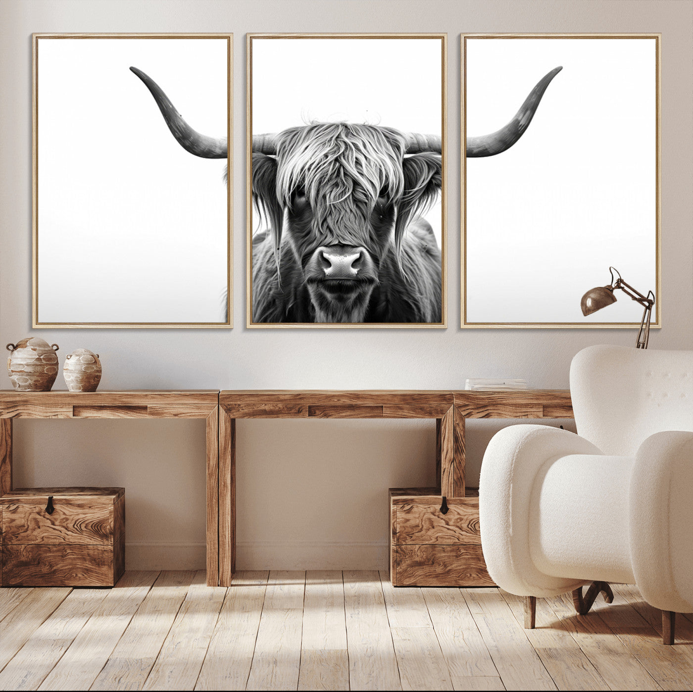 -Highland Wall Art Canvas Print – Minimalist Black and White Farmhouse Décor, Ready to Hang