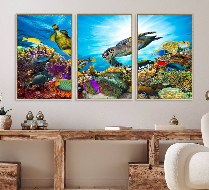 The Colorful Coral Reef and Sea Life Turtle Canvas Print brings vibrant ocean decor to your wall.