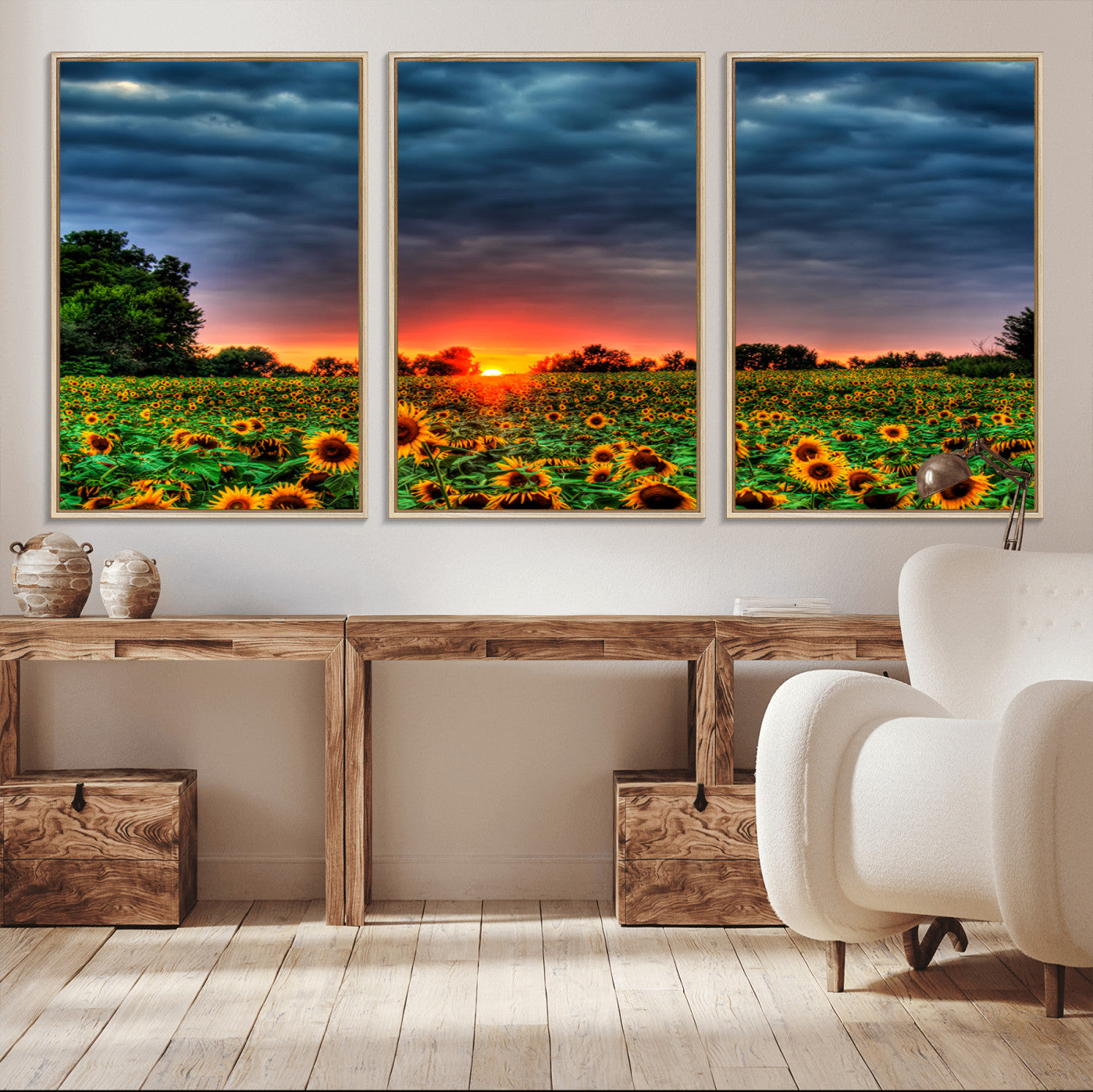 45045-MGV-FC-60X30-3P_Natural-Golden Sunflower Field at Sunset – Breathtaking Sky and Vibrant Flowers, Ready to Hang Wall Art