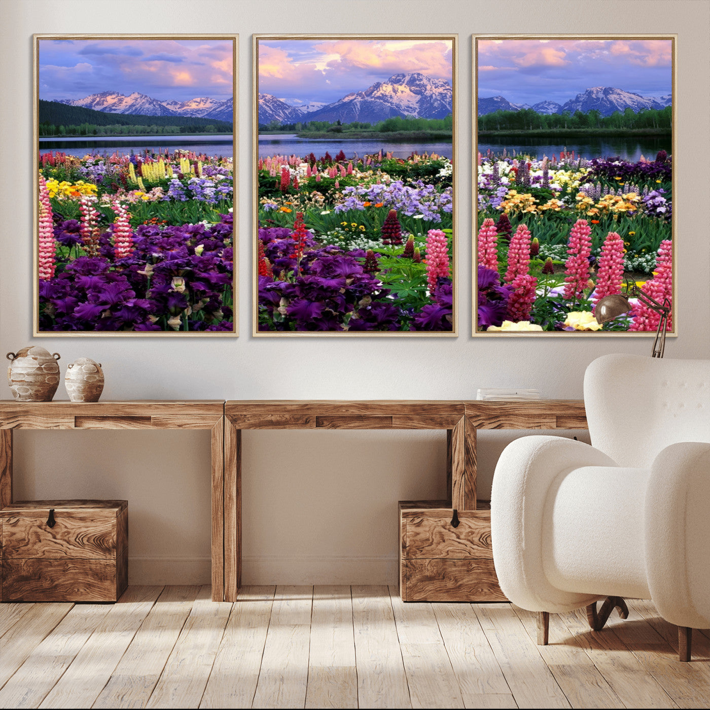 MGV-FC-60X30-3P - Wildflower Canvas Print – Blooming Floral Meadows with Majestic Mountain Backdrop, Ready to Hang