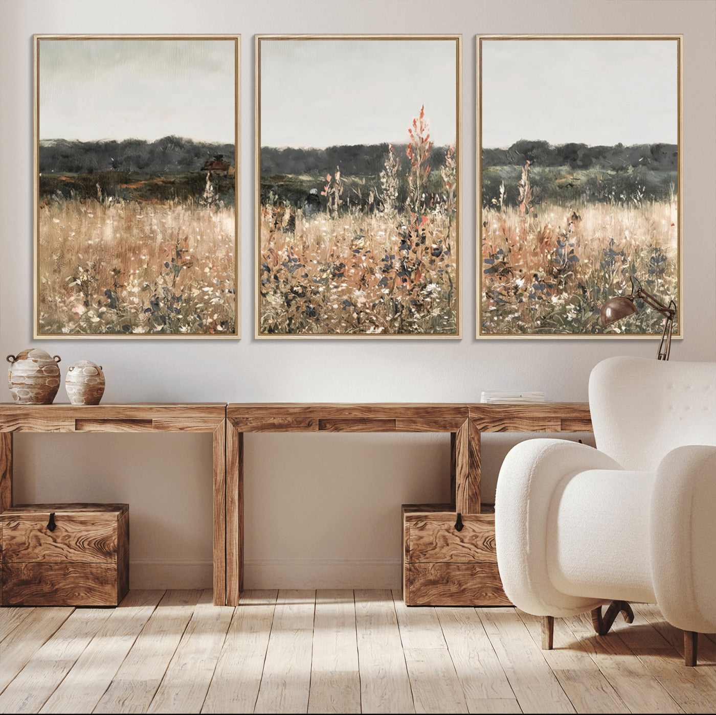 MGV-FC-60X30-3P - Rustic Field Landscape Wall Art Print, Giclee Canvas Wall Art for Modern Homes, Warm Meadow and
