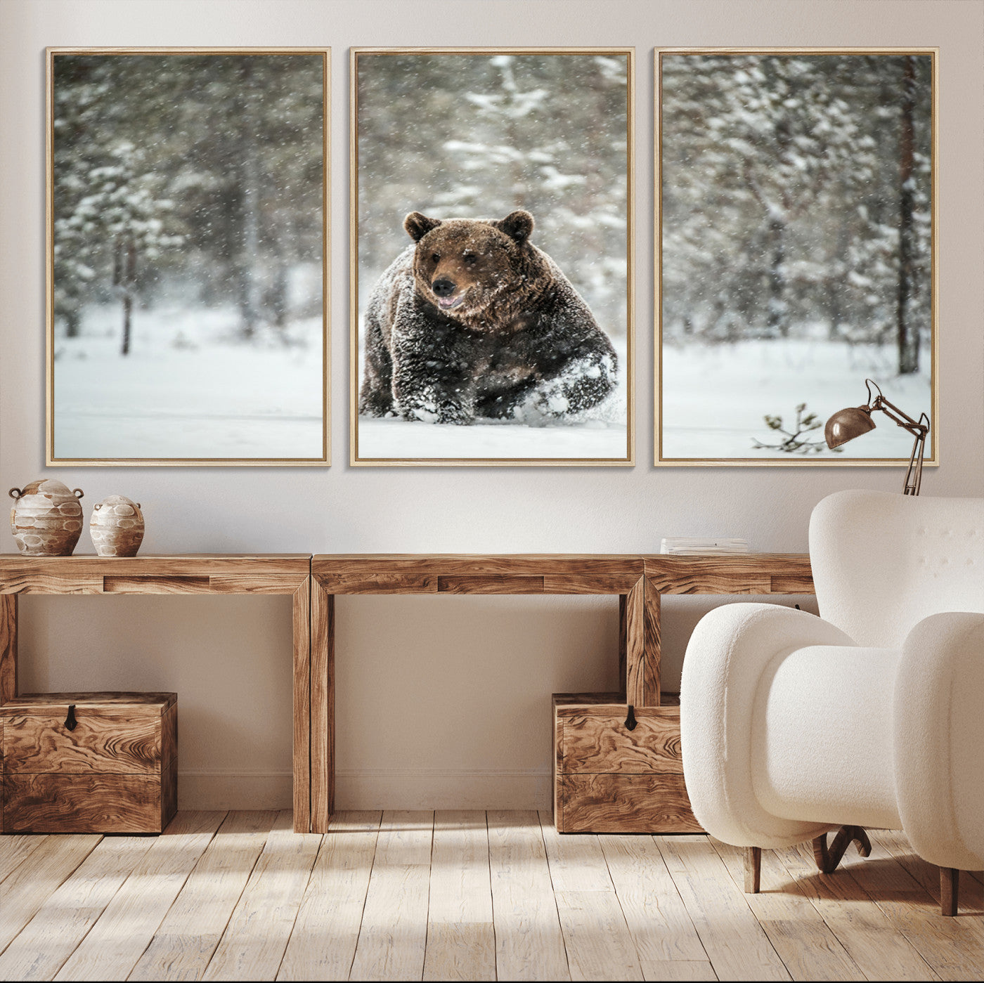 43350-MGV-CV-48X32-3P-Grizzly Bear Wall Art – Framed Snowy Forest Canvas Artwork, Wild Wilderness Design, Rustic Nature Decor for Home, Office