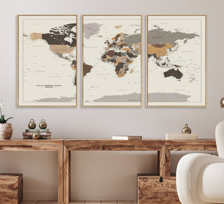 Antique-style world map canvas print with Not all those who wander are lost, perfect for vintage decor.