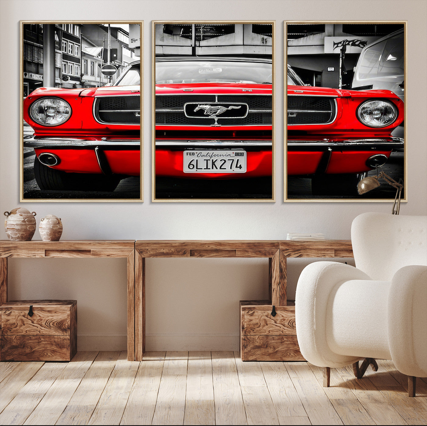 Front view of a bold red 1960s Ford Mustang parked in an urban environment, captured in dramatic contrast with a black-and-white city backdrop, emphasizing its timeless American muscle car identity.