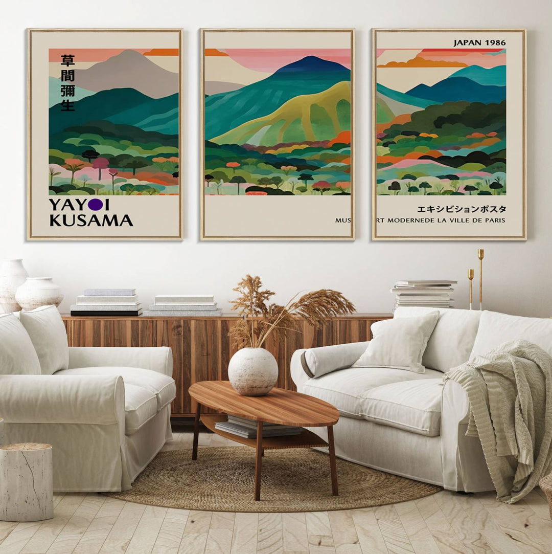 Vibrant Kusama landscape canvas featuring floral mountains and botanical decor, ideal for a modern home.