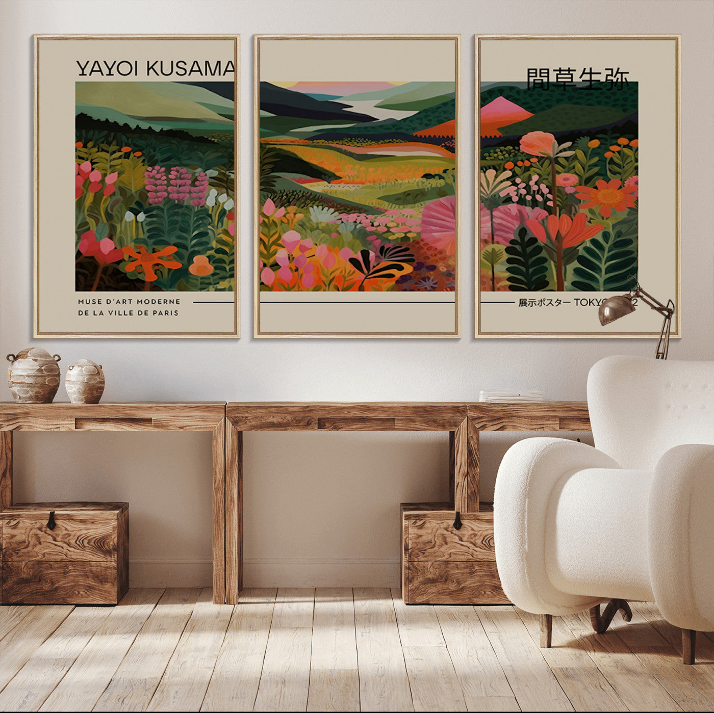 MGV-FC-60X30-3P - Yayoi Kusama Landscape Canvas Print, Vibrant Floral Mountain Art Print, Botanical Flower Nature