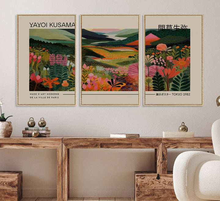 A Yayoi Kusama Landscape Canvas Print brightens the wall with vibrant floral and mountain art.