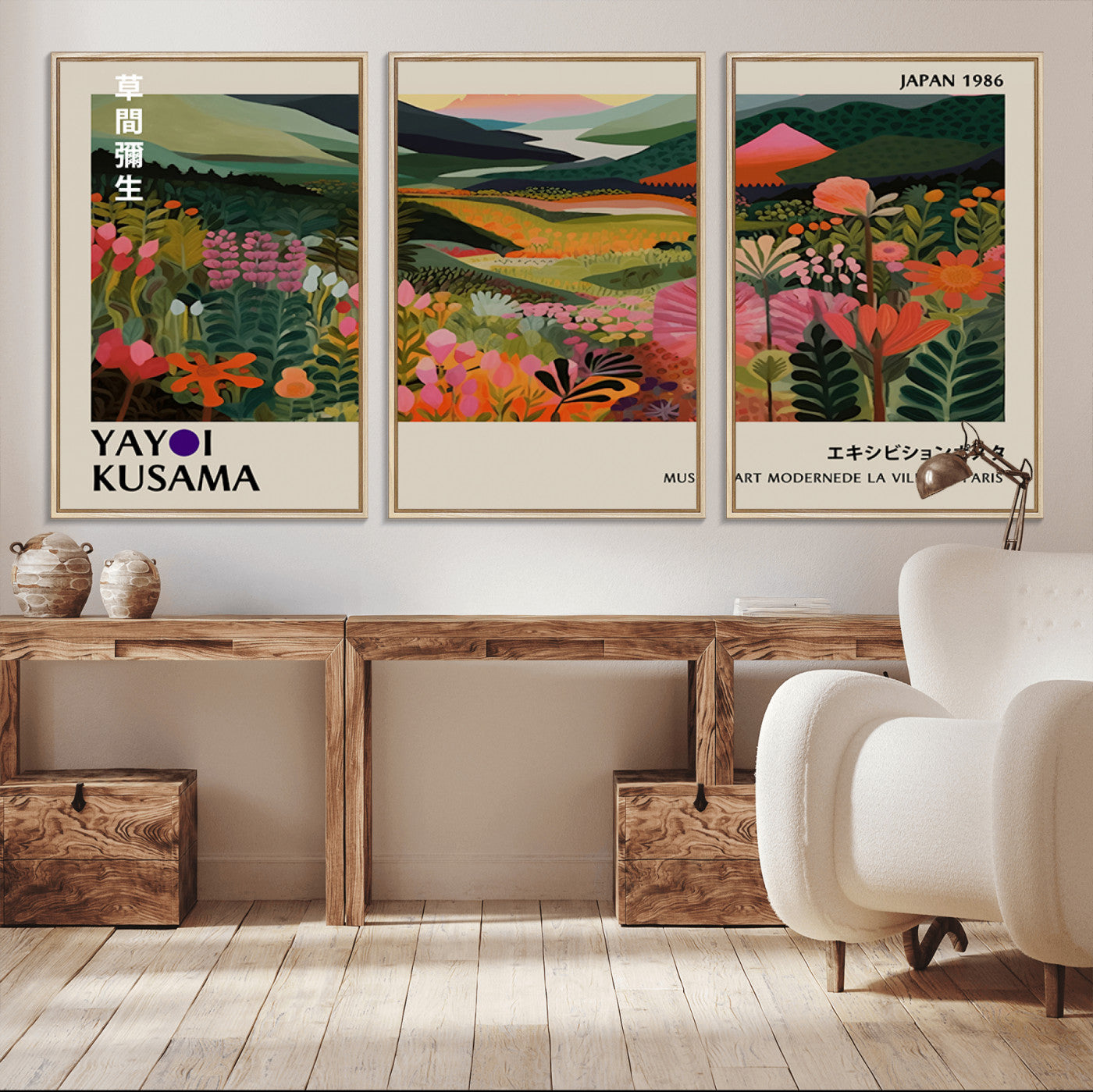 MGV-FC-60X30-3P - Yayoi Kusama Abstract Print, Vibrant Floral Mountain Art Print, Botanical Flower Nature Decor,