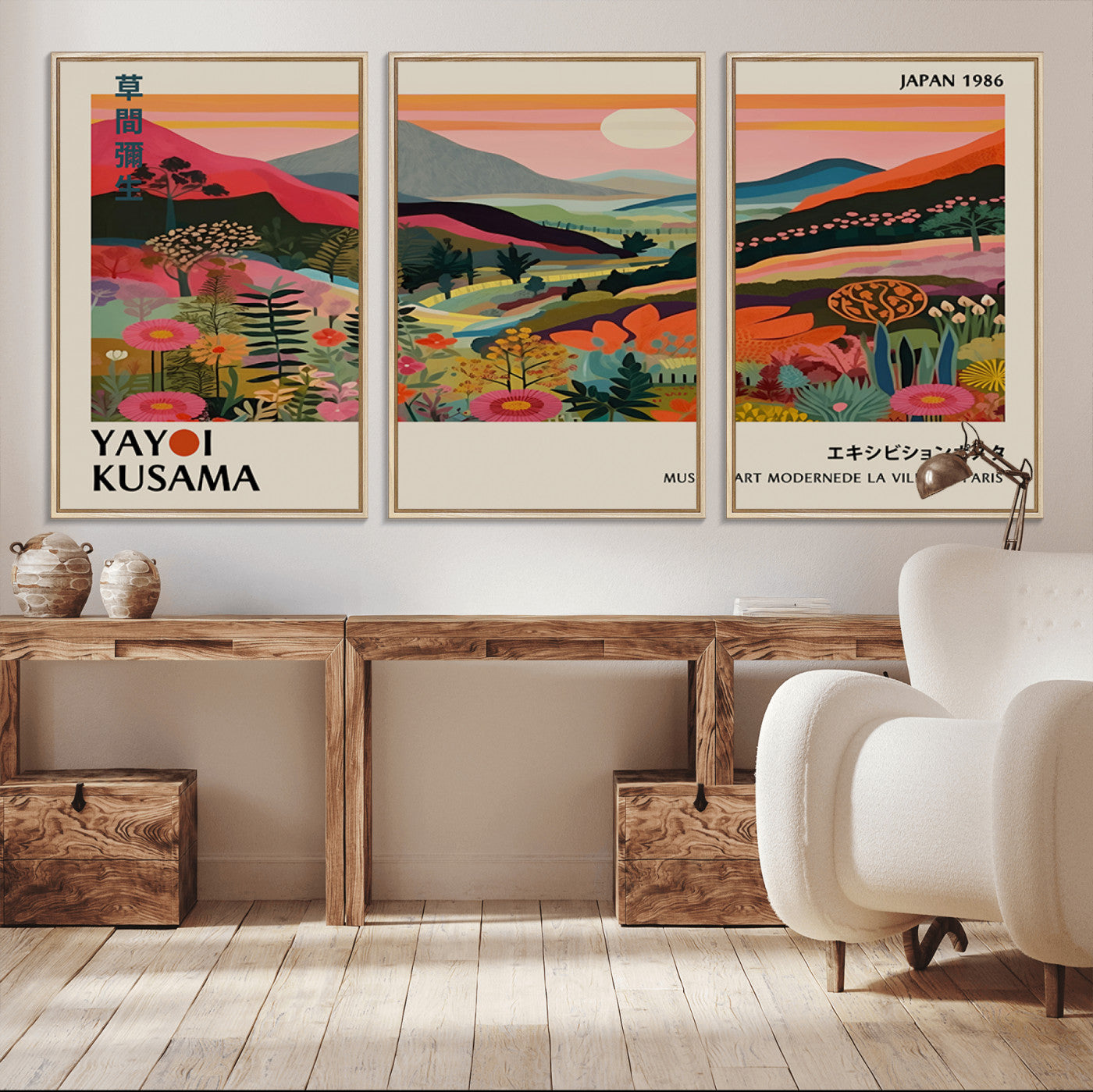 MGV-FC-60X30-3P - Yayoi Kusama Landscape Canvas Print, Vibrant Floral Mountain Art Print, Botanical Flower Nature