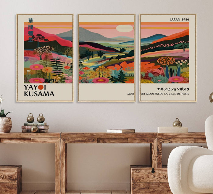 Yayoi Kusama Landscape Canvas Print: Vibrant mountain, sun, trees, and flowers art titled Japan 1936.