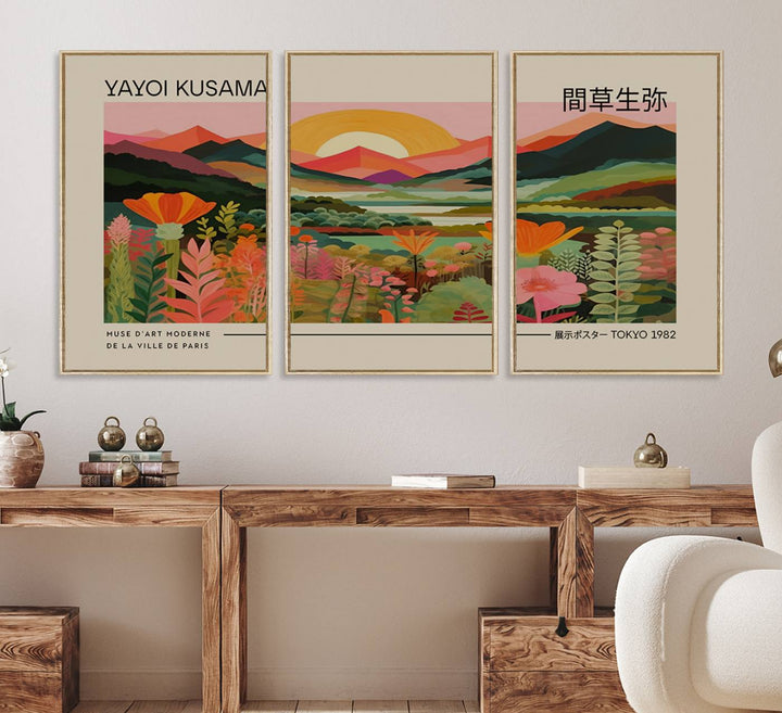 A Yayoi Kusama landscape print and an antique world map enhance the dining area.