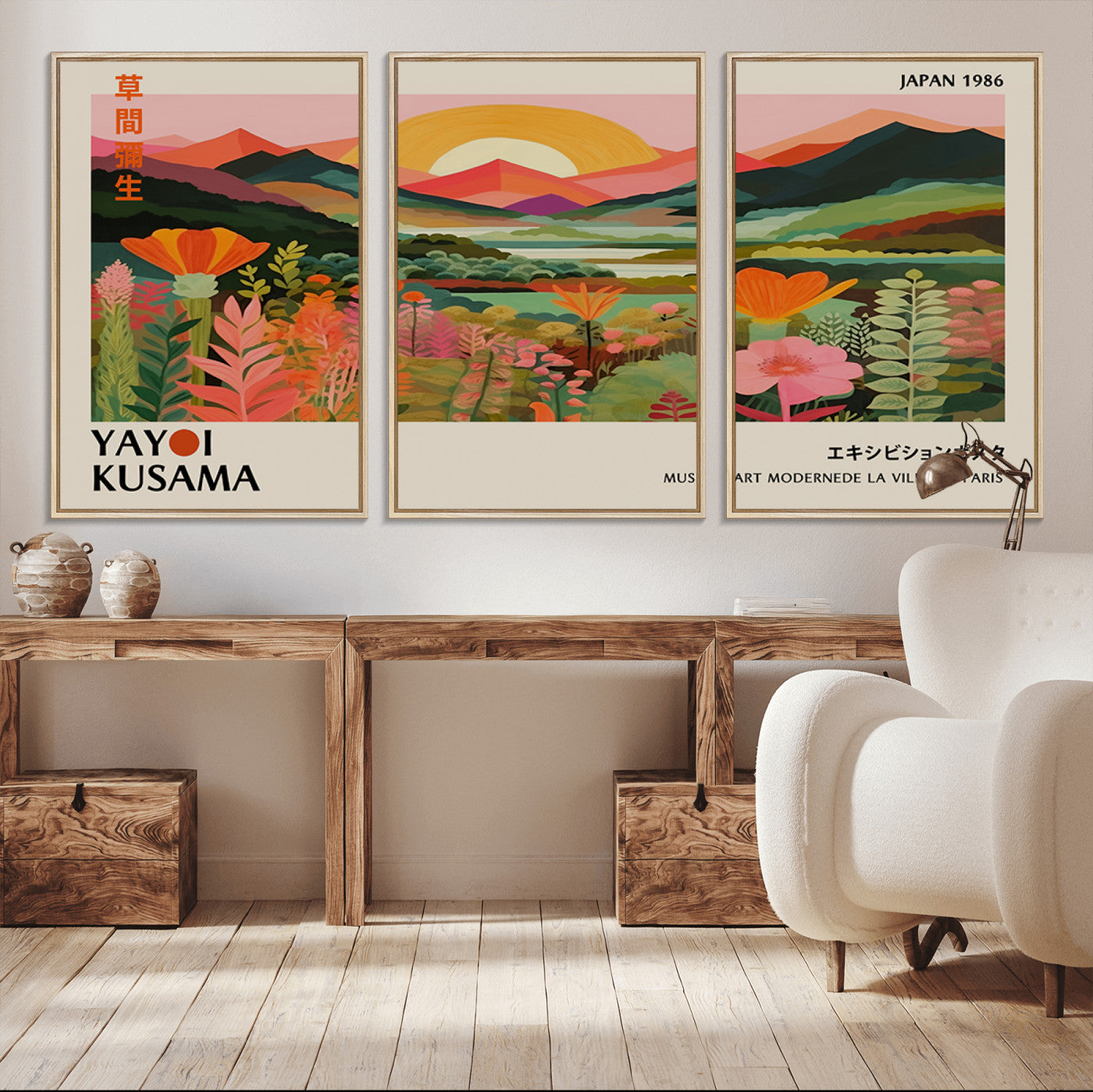 15153-MGV-FC-60X30-3P_Natural-Framed Yayoi Kusama Print, Vibrant Floral Mountain Art Print, Botanical Flower Nature Decor, Sunset