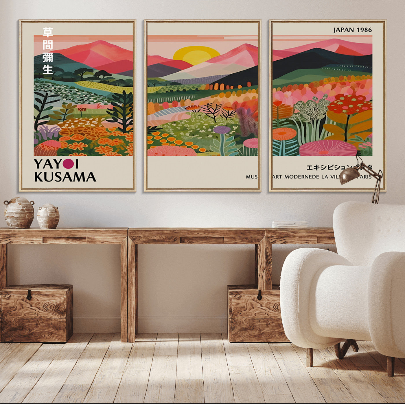 MGV-FC-60X30-3P - Yayoi Kusama Landscape Canvas Print, Vibrant Floral Mountain Art Print, Framed Botanical Wall Art -