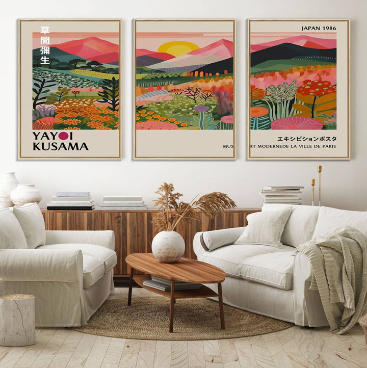 The wall art includes a vintage world map and Yayoi Kusamas colorful landscape.