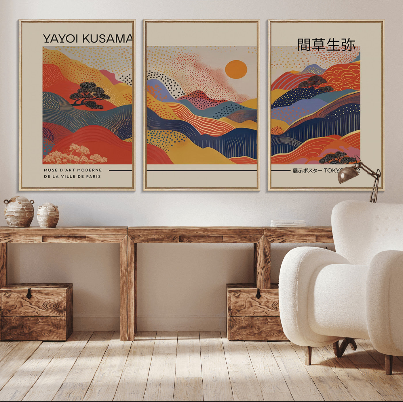 MGV-FC-60X30-3P - Yayoi Kusama Landscape Canvas Print, Vibrant Floral Mountain Art Print, Botanical Flower Nature