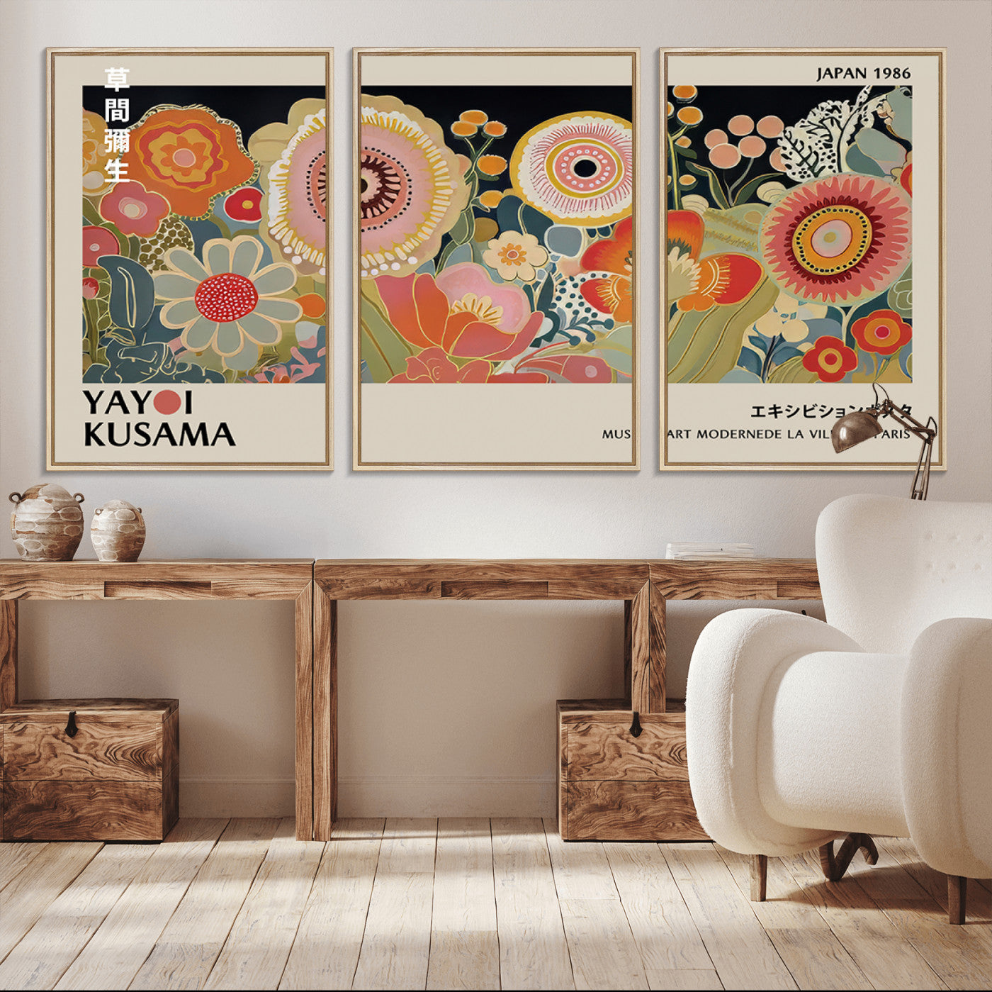 MGV-FC-60X30-3P - Yayoi Kusama Landscape Canvas Print, Vibrant Floral Mountain Art Print, Botanical Flower Nature Decor, Sunset Scenery Artwork