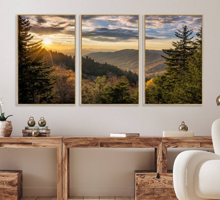 A triptych canvas titled Sunrise Over the Smoky Mountains adorns the wall.