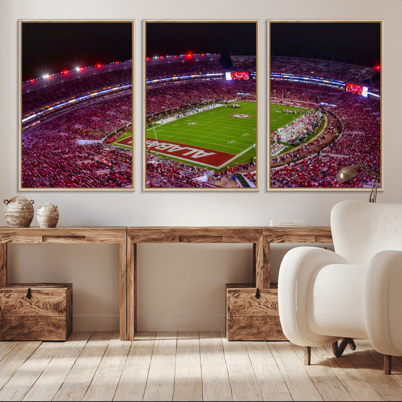 MGV-FC-60X30-3P - Bryant-Denny Stadium Night Game Triple Canvas Wall Art - Alabama Crimson Tide Football Match