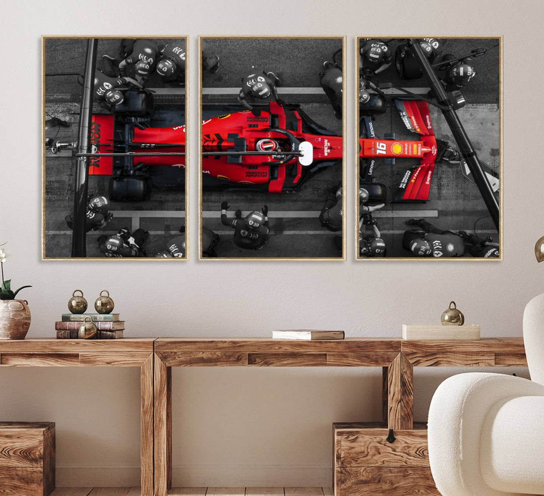 Ferrari Pit Stop Canvas Wall Art displayed prominently in the living room.