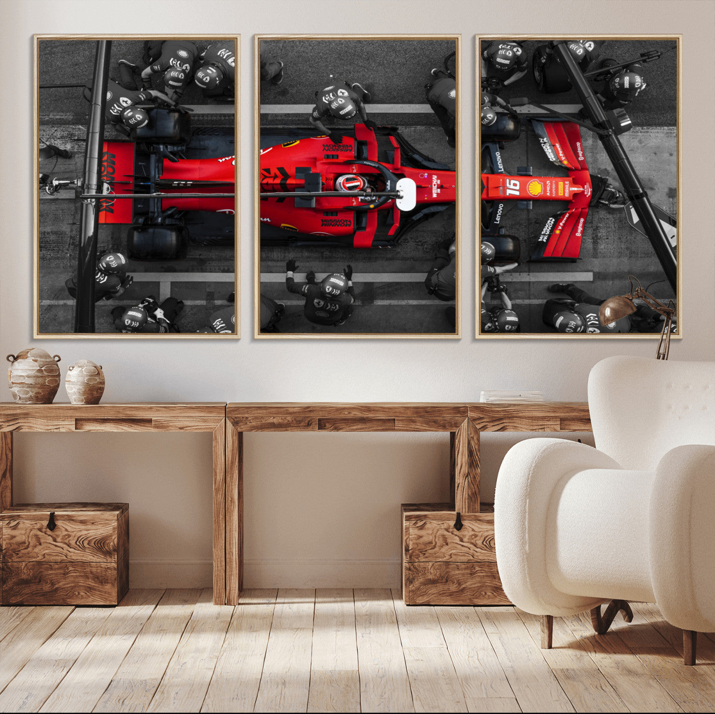 MGV-FC-60X30-3P - Ferrari Pit Stop Canvas Wall Art – Precision and Speed Captured in Bold Motorsport Imagery – Ready