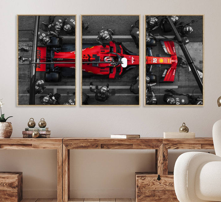 Ferrari Pit Stop Canvas Wall Art displayed prominently in the living room.