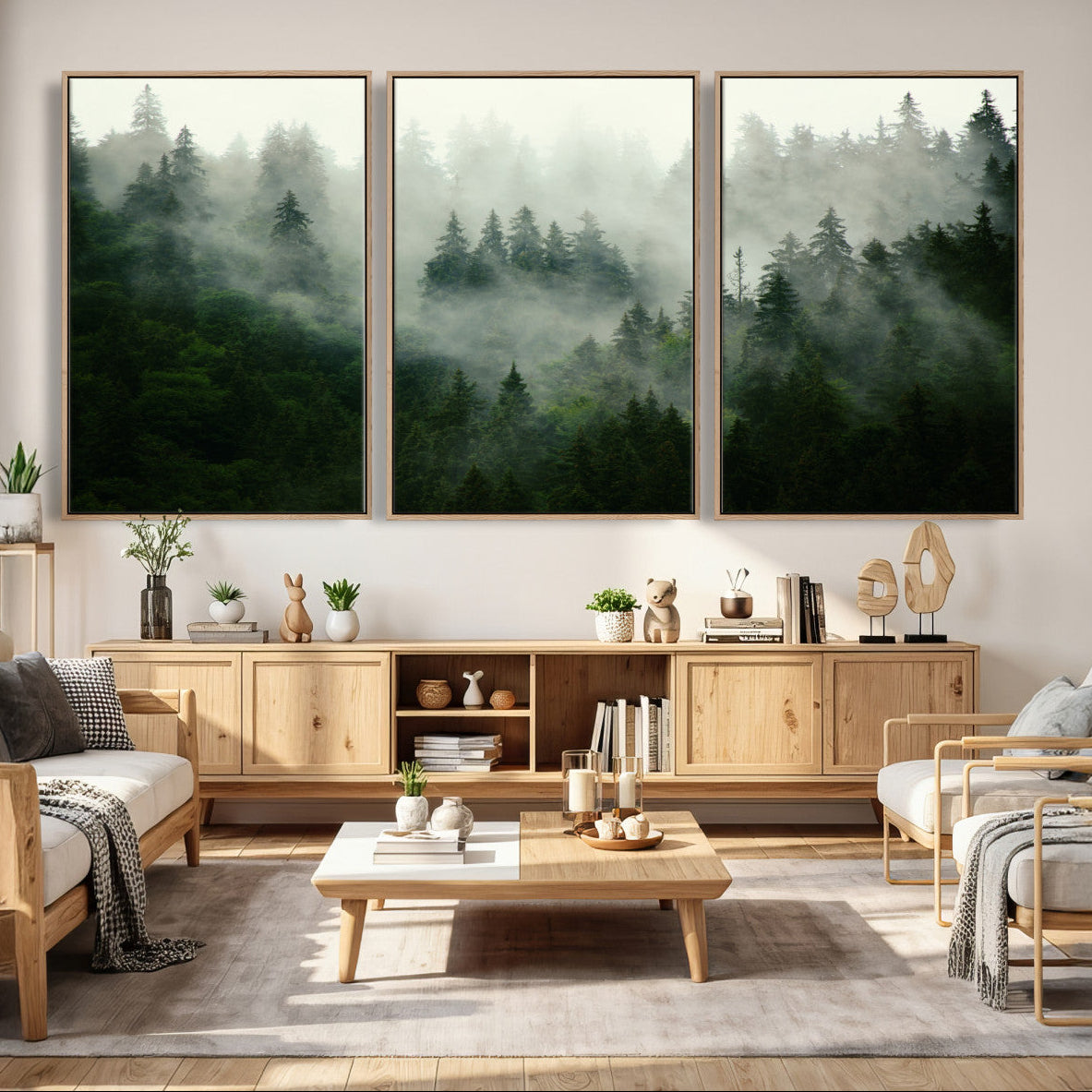 167720496-MGV-CV-36X24 - Misty Forest Mountain Wall Art Canvas  | Large 3-Panel Foggy Landscape Canvas Print | Nature Misty