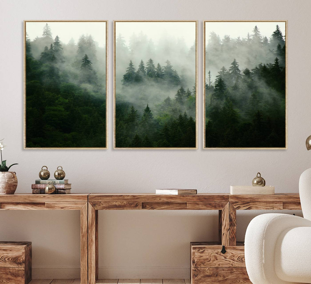 The Misty Forest Wall Art Canvas Print captures a serene, foggy evergreen landscape, evoking a mysterious woodland ambiance.