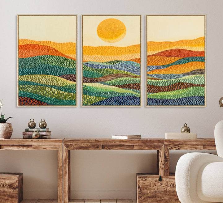 Yayoi Kusamas vibrant floral landscape art hangs prominently, infusing the space with color.