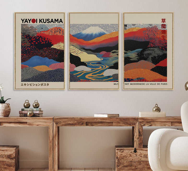 The room showcases Kusamas 1986 vibrant abstract landscape wall art print.