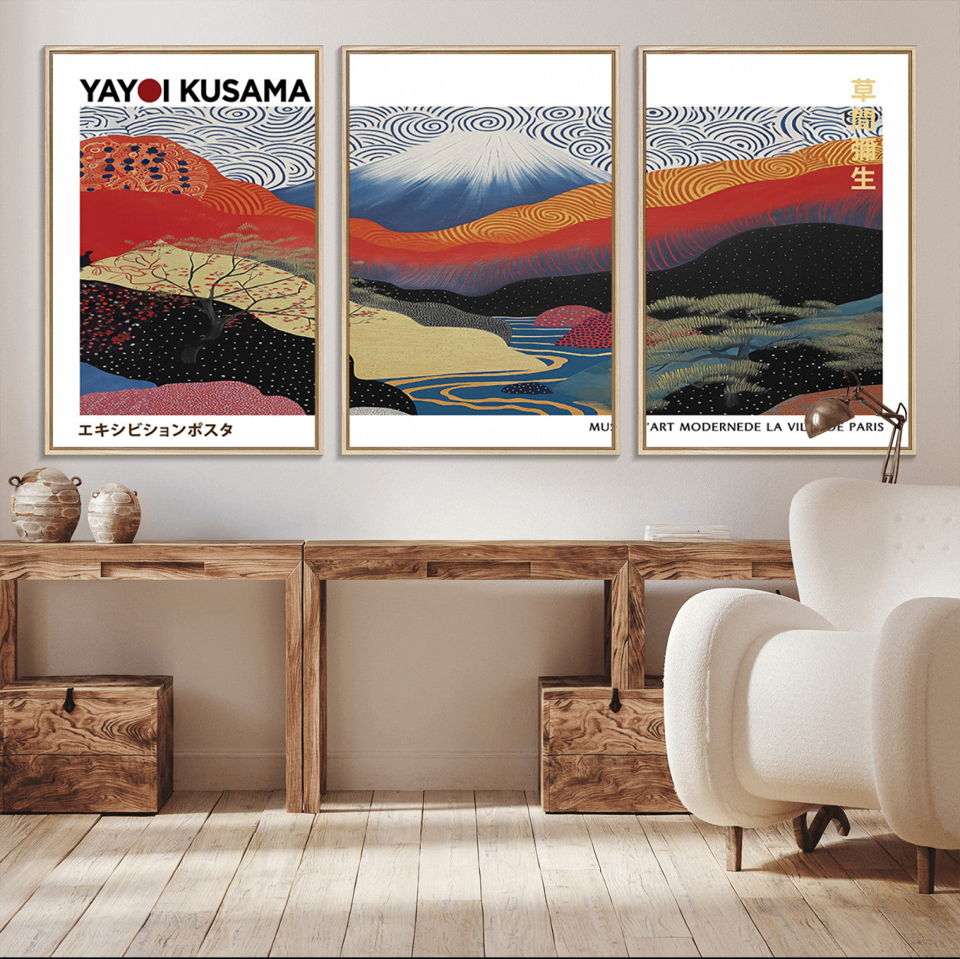 MGV-FC-60X30-3P - Framed Yayoi Kusama 1986 Wall Art Print – Japanese Wall Art Print, Wabi Sabi Yayoi Kusama Print -