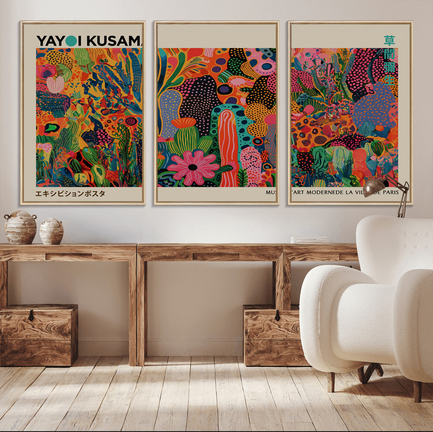 24116-MGV-FC-60X30-3P_Natural-Framed Yayoi Kusama 1986 Wall Art Print – Japanese Wall Art Print, Wabi Sabi Yayoi Kusama Print -