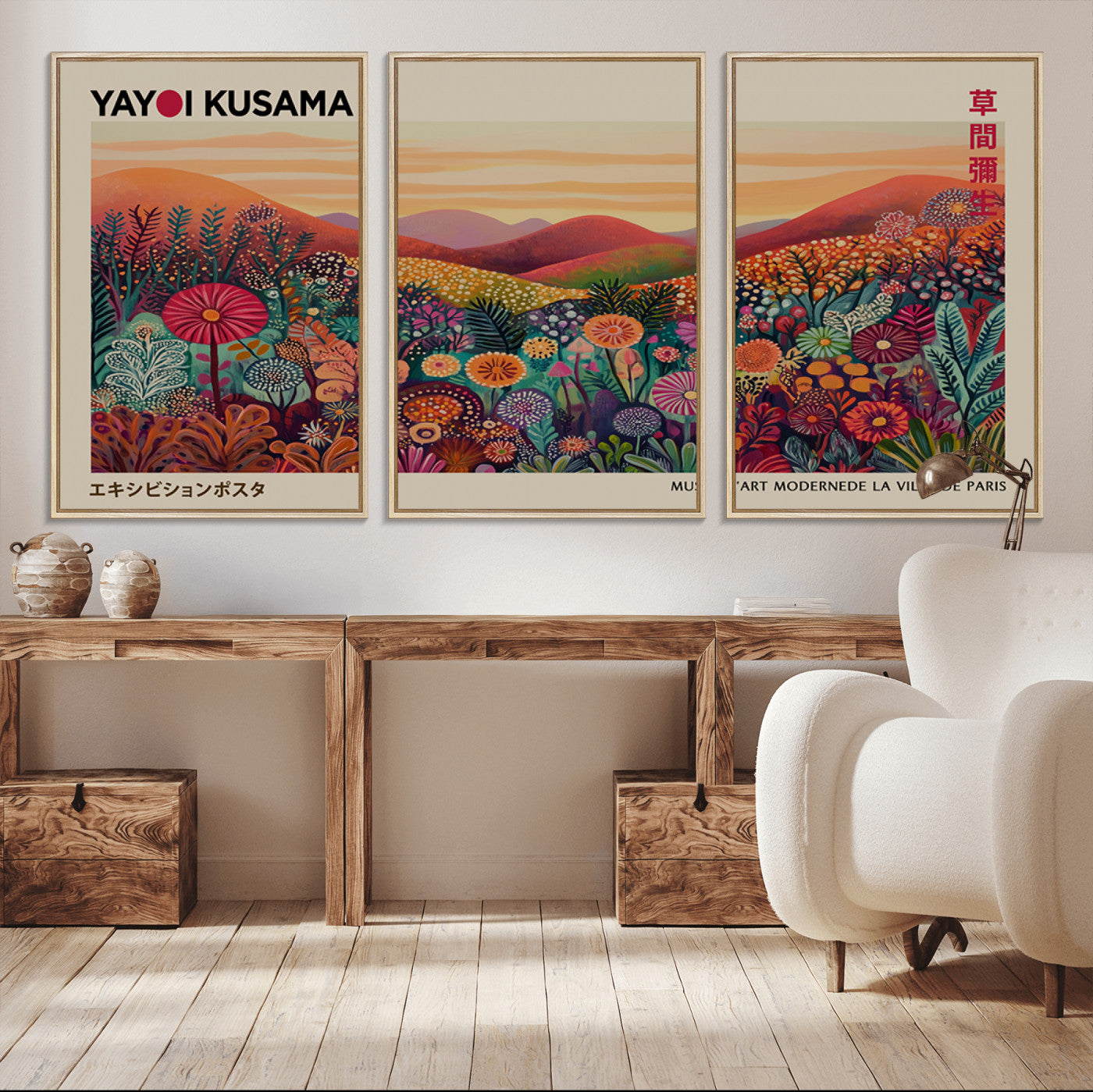 MGV-FC-60X30-3P - Framed Yayoi Kusama 1986 Wall Art Print – Japanese Wall Art Print, Wabi Sabi Yayoi Kusama Print -