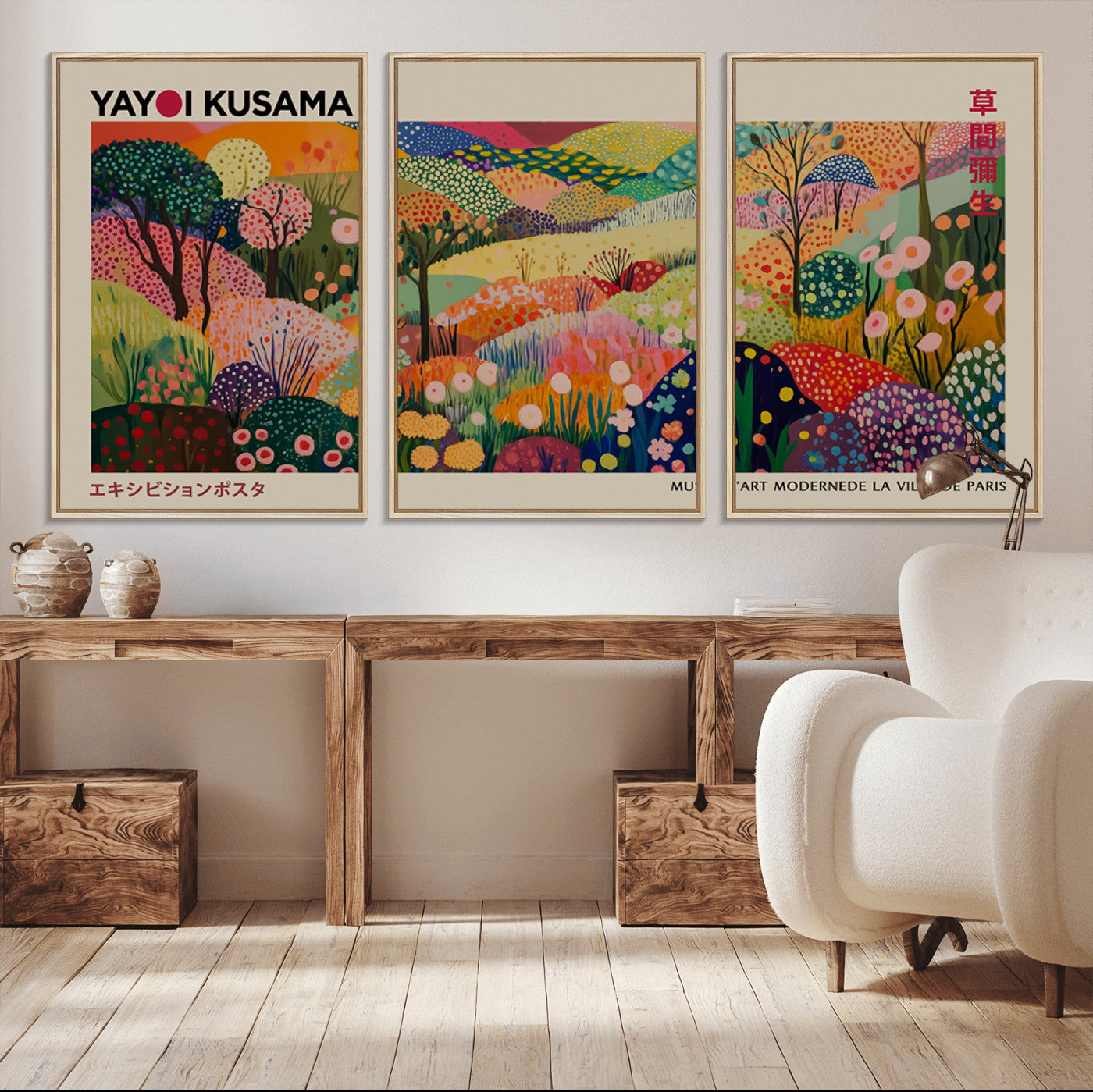 MGV-FC-60X30-3P - Framed Yayoi Kusama 1986 Wall Art Print – Japanese Wall Art Print, Wabi Sabi Yayoi Kusama Print -