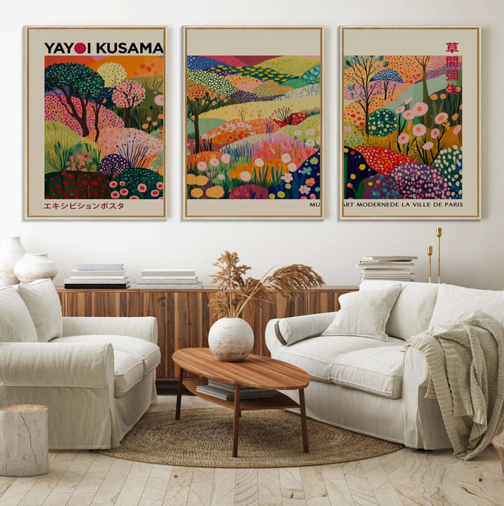 The Framed Yayoi Kusama 1986 Wall Art Print brings vibrant abstract landscapes to enhance the wooden wall.