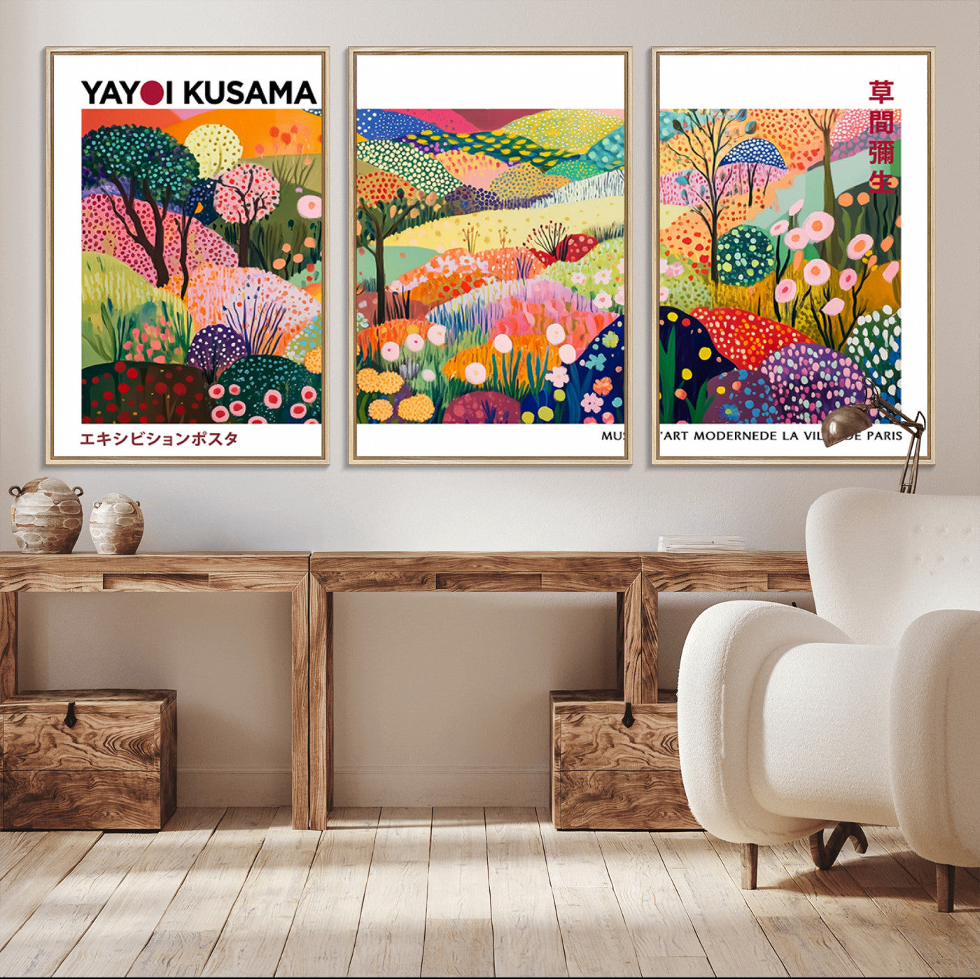 MGV-FC-60X30-3P - Framed Yayoi Kusama 1986 Wall Art Print – Japanese Wall Art Print, Wabi Sabi Yayoi Kusama Print -